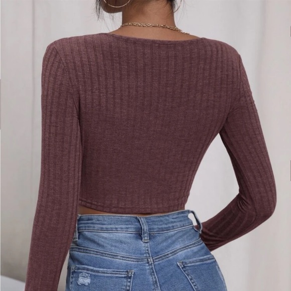 Mauve Ribbed Square Neck Long Sleeved Tee - Picture 2 of 4